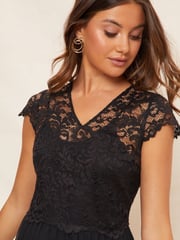 Friends Like These Black V-Neck Pleated Lace Midi Dress - Image 2 of 4