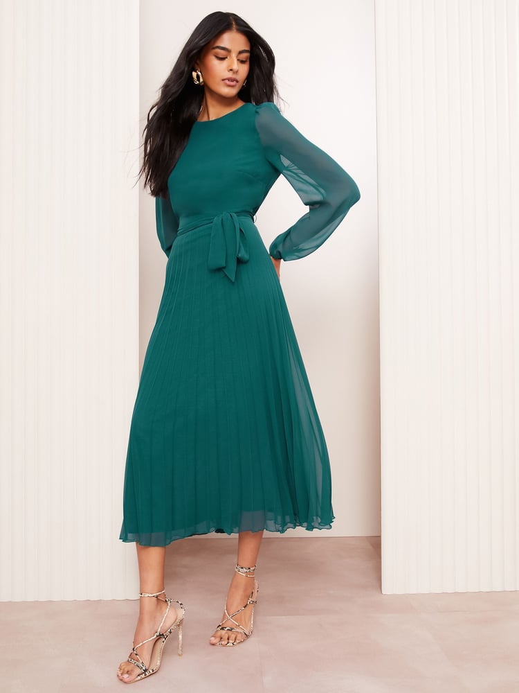 Friends Like These Blue Pleated Chiffon Flutter Sleeve Midi Dress - Image 1 of 4