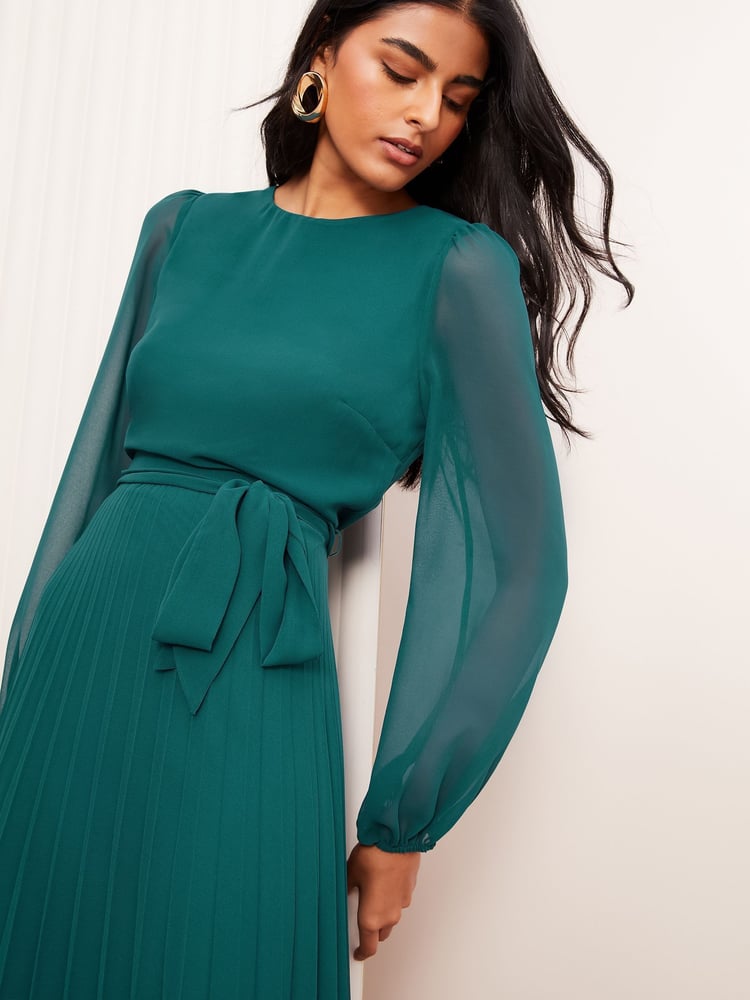 Friends Like These Blue Pleated Chiffon Flutter Sleeve Midi Dress - Image 2 of 4