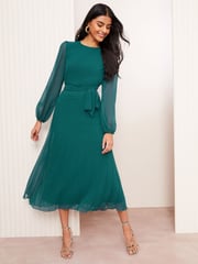 Friends Like These Blue Pleated Chiffon Flutter Sleeve Midi Dress - Image 3 of 4