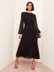 Friends Like These Black Pleated Chiffon Flutter Sleeve Midi Dress - Image 3 of 5