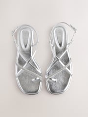 Silver Metallic Standard/Wide Fit Forever Comfort® Strappy Bling Toe Loop Sandals - Image 1 of 8