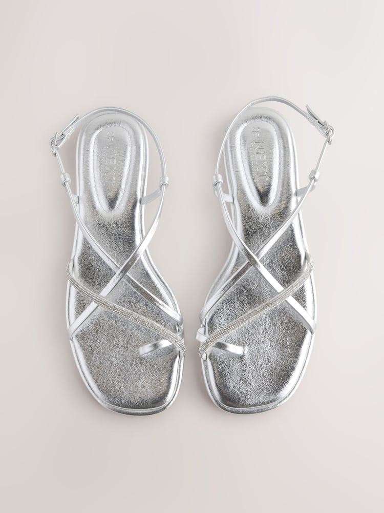 Silver Metallic Standard/Wide Fit Forever Comfort® Strappy Bling Toe Loop Sandals - Image 1 of 8