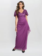 Gina Bacconi Purple Kaitlyn Embroidered Sequin Flutter Sleeve Cascade Dress - Image 1 of 6