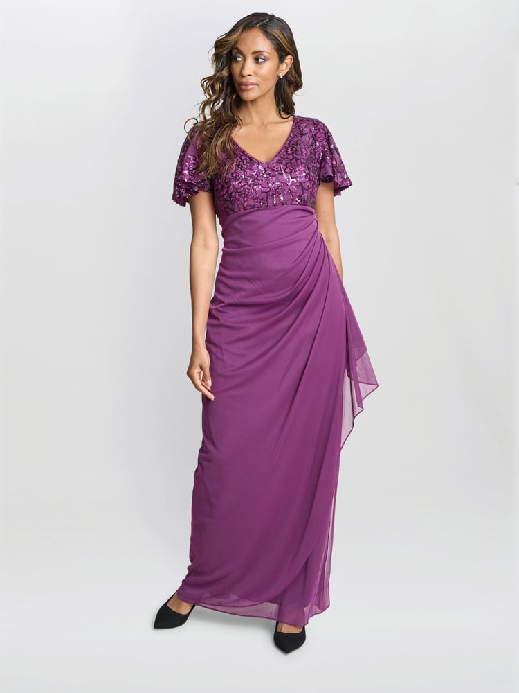 Gina Bacconi Purple Kaitlyn Embroidered Sequin Flutter Sleeve Cascade Dress - Image 1 of 6