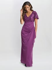 Gina Bacconi Purple Kaitlyn Embroidered Sequin Flutter Sleeve Cascade Dress - Image 3 of 6