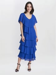 Gina Bacconi Blue Rebecca Midi Tiered Dress With Shoulder Trim - Image 1 of 4