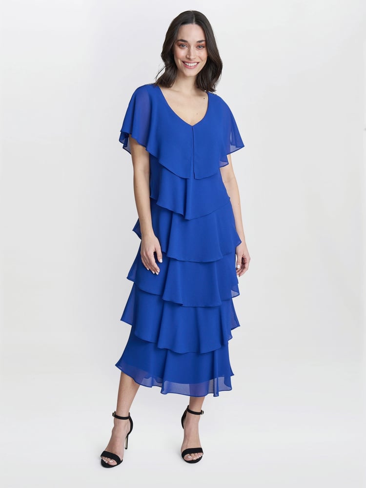 Gina Bacconi Blue Rebecca Midi Tiered Dress With Shoulder Trim - Image 1 of 4