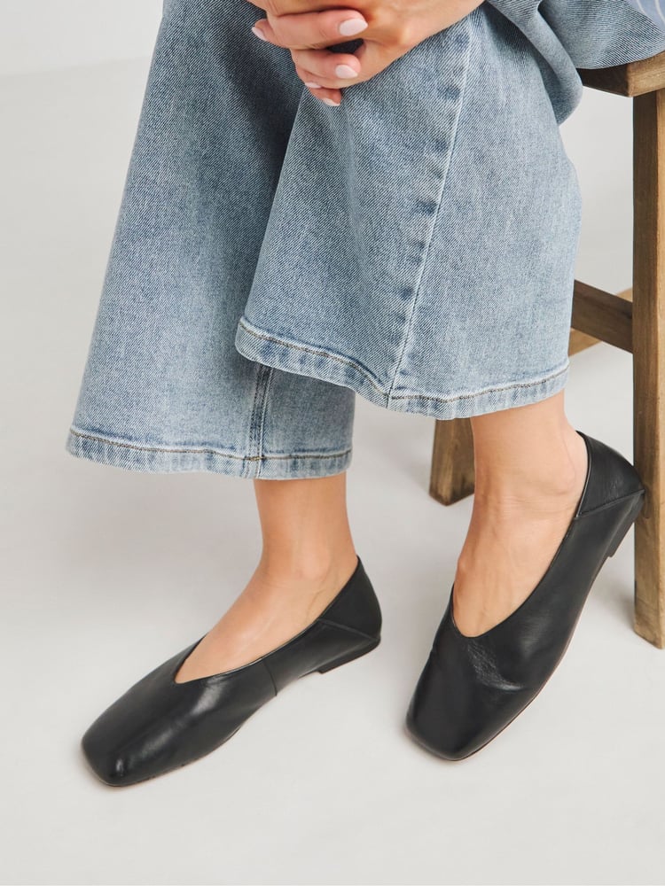 Simply Be Black Wide Fit Soft Leather High Cut Ballerina - Image 1 of 4