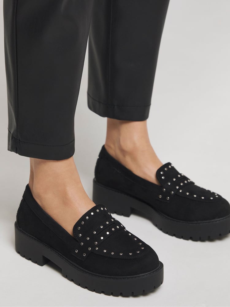 Simply Be Black Wide Fit Stud Detail Chunky Loafers - Image 1 of 4 Simply Be Black Wide Fit Stud Detail Chunky Loafers - Image 1 of 4