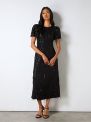 Ro&Zo Black Gina Fringe Sequin Puff Sleeve Midi Dress - Image 1 of 7