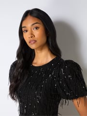 Ro&Zo Black Gina Fringe Sequin Puff Sleeve Midi Dress - Image 2 of 7