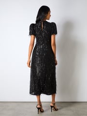 Ro&Zo Black Gina Fringe Sequin Puff Sleeve Midi Dress - Image 4 of 7
