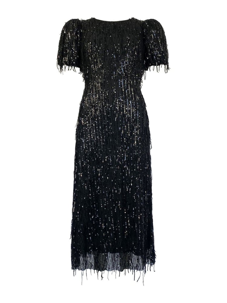 Ro&Zo Black Gina Fringe Sequin Puff Sleeve Midi Dress - Image 7 of 7
