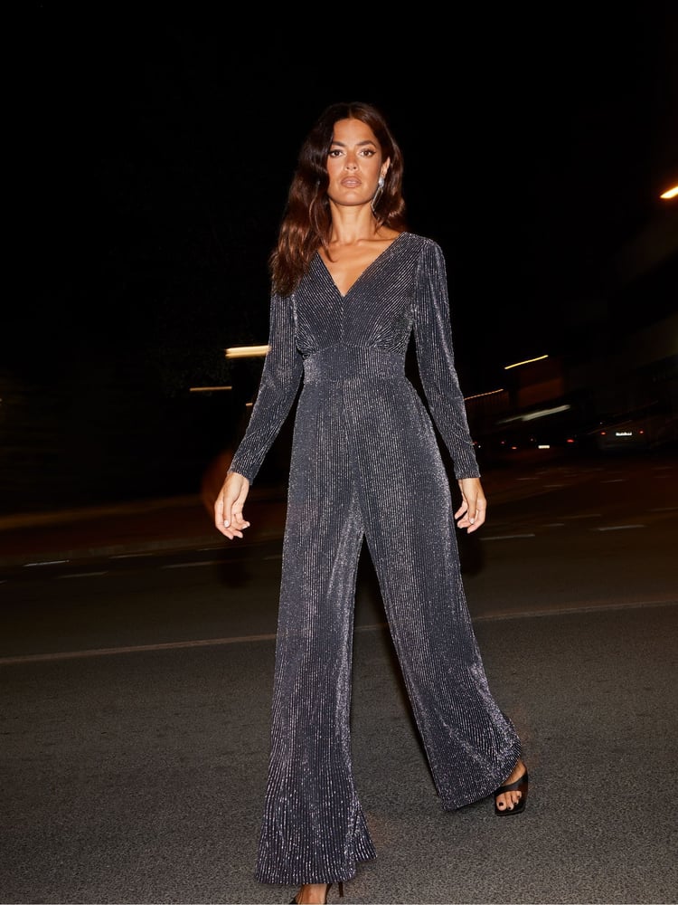 Ro&Zo Silver Eliza Sparkle Jersey V-Neck Jumpsuit - Image 1 of 5