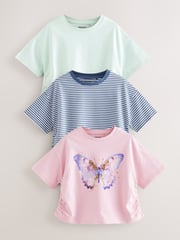 Purple/Aqua Sequin Butterfly Ruche Hem Side T-Shirts 3 Pack (3-16yrs) - Image 1 of 7