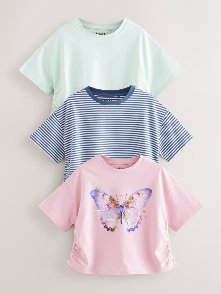 Purple/Aqua Sequin Butterfly Ruche Hem Side T-Shirts 3 Pack (3-16yrs) - Image 1 of 7