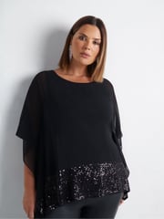 Live Unlimited Black Curve Chiffon Sequin Trim Overlayer Top - Image 2 of 7