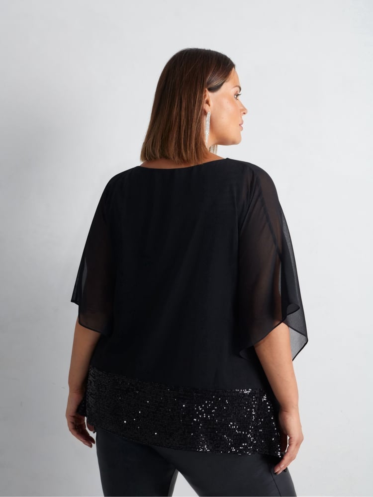 Live Unlimited Black Curve Chiffon Sequin Trim Overlayer Top - Image 7 of 7