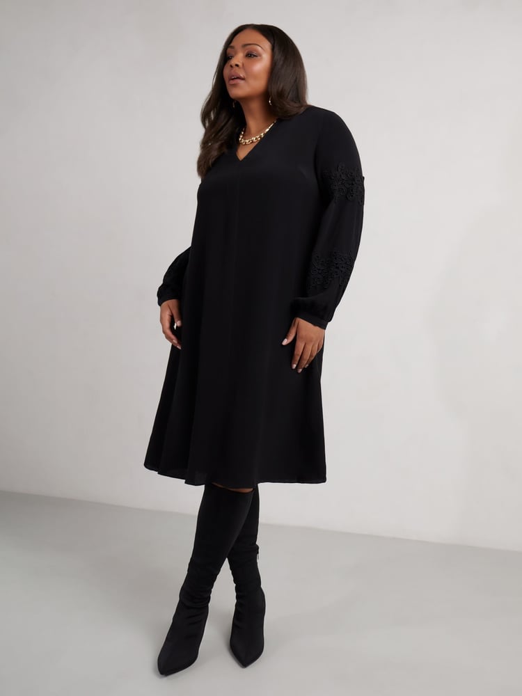 Live Unlimited Black Curve Lace Detail Long Sleeve Dress - Image 1 of 4