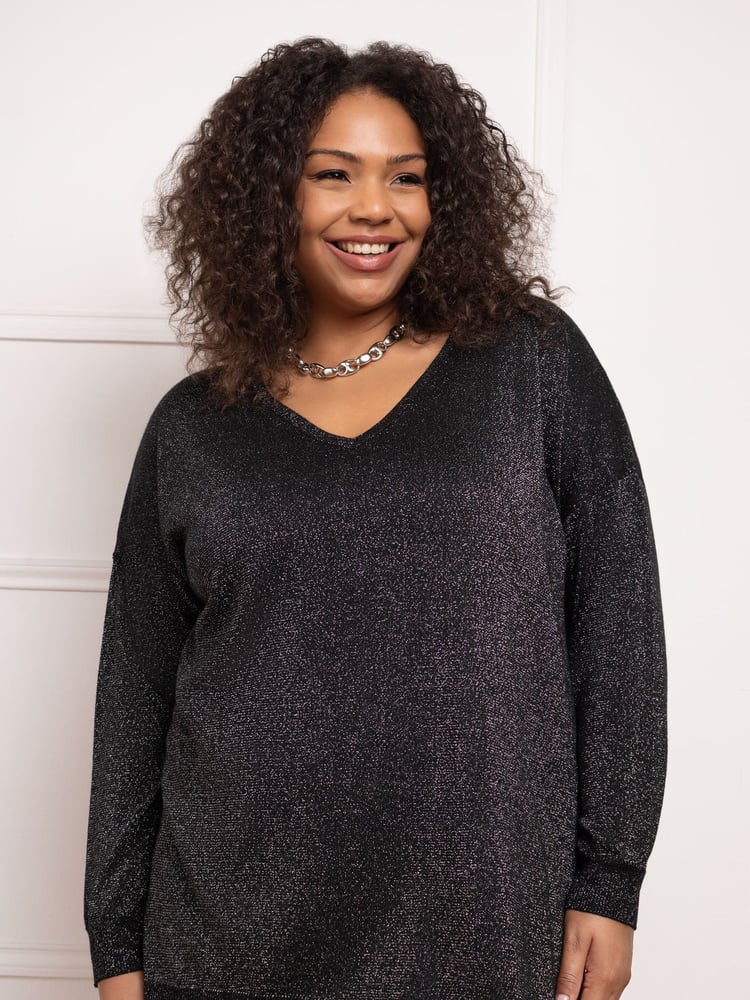 Live Unlimited Black Metallic V-Neck Jumper - Image 1 of 4