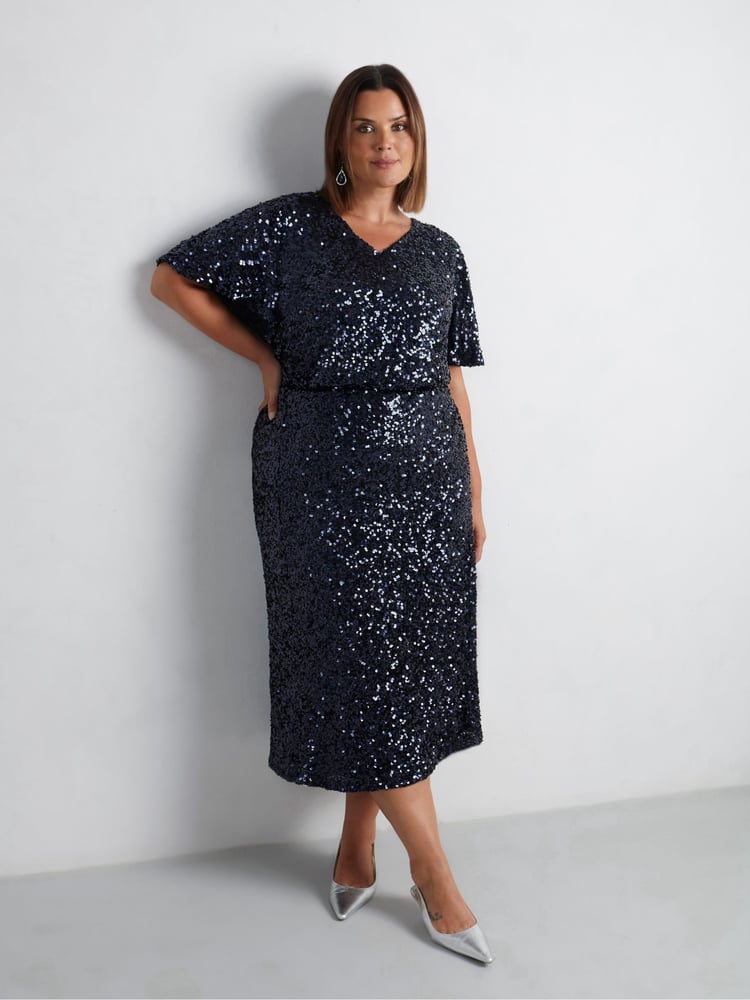 Live Unlimited Blue Navy Sequin Midaxi Skirt - Image 1 of 4