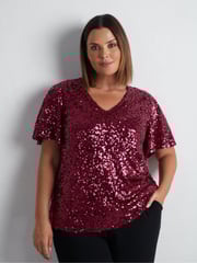 Live Unlimited Red Curve Sequin Flutter Sleeve Top - Image 4 of 6