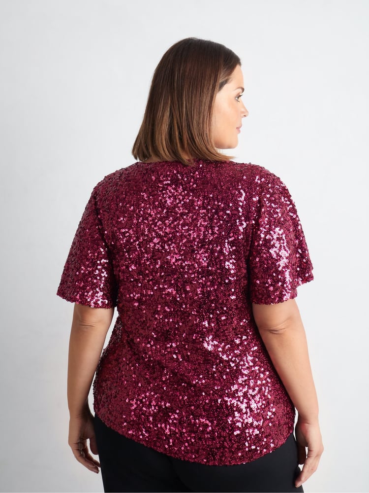 Live Unlimited Red Curve Sequin Flutter Sleeve Top - Image 6 of 6