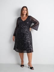 Live Unlimited Black Curve Mesh Sequin Long Sleeve Dress - Image 1 of 7