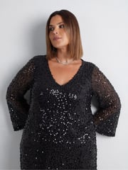 Live Unlimited Black Curve Mesh Sequin Long Sleeve Dress - Image 2 of 7
