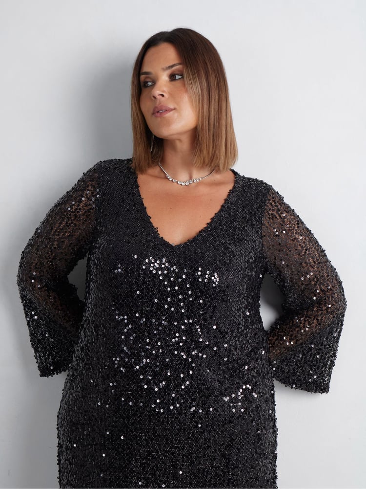 Live Unlimited Black Curve Mesh Sequin Long Sleeve Dress - Image 2 of 7