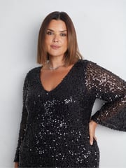 Live Unlimited Black Curve Mesh Sequin Long Sleeve Dress - Image 3 of 7