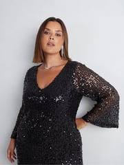 Live Unlimited Black Curve Mesh Sequin Long Sleeve Dress - Image 4 of 7