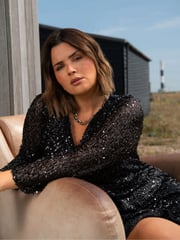 Live Unlimited Black Curve Mesh Sequin Long Sleeve Dress - Image 6 of 7