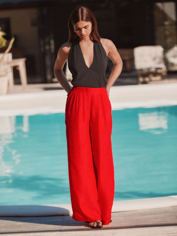 Red Ripple Textured Wide Leg Trousers - Image 1 of 8