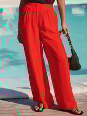 Red Ripple Textured Wide Leg Trousers - Image 3 of 8