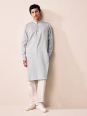 Light Grey Textured 100% Cotton Signature Kurta - Image 2 of 9