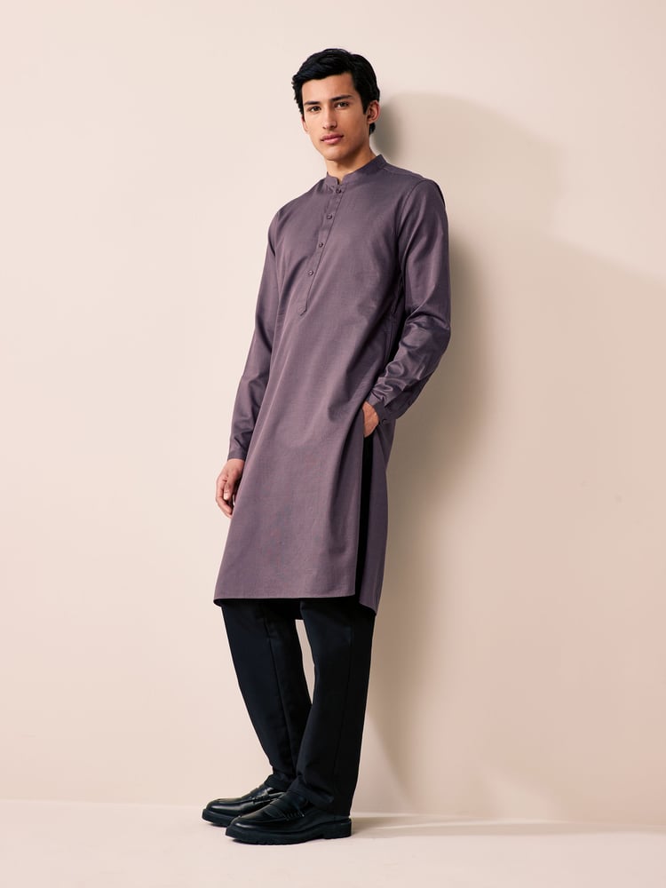 Lavender Purple Textured 100% Cotton Signature Kurta - Image 2 of 10
