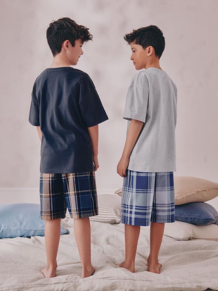 Navy/ Grey Varsity Check Woven Short Pyjamas 2 Pack (4-16yrs) - Image 2 of 8