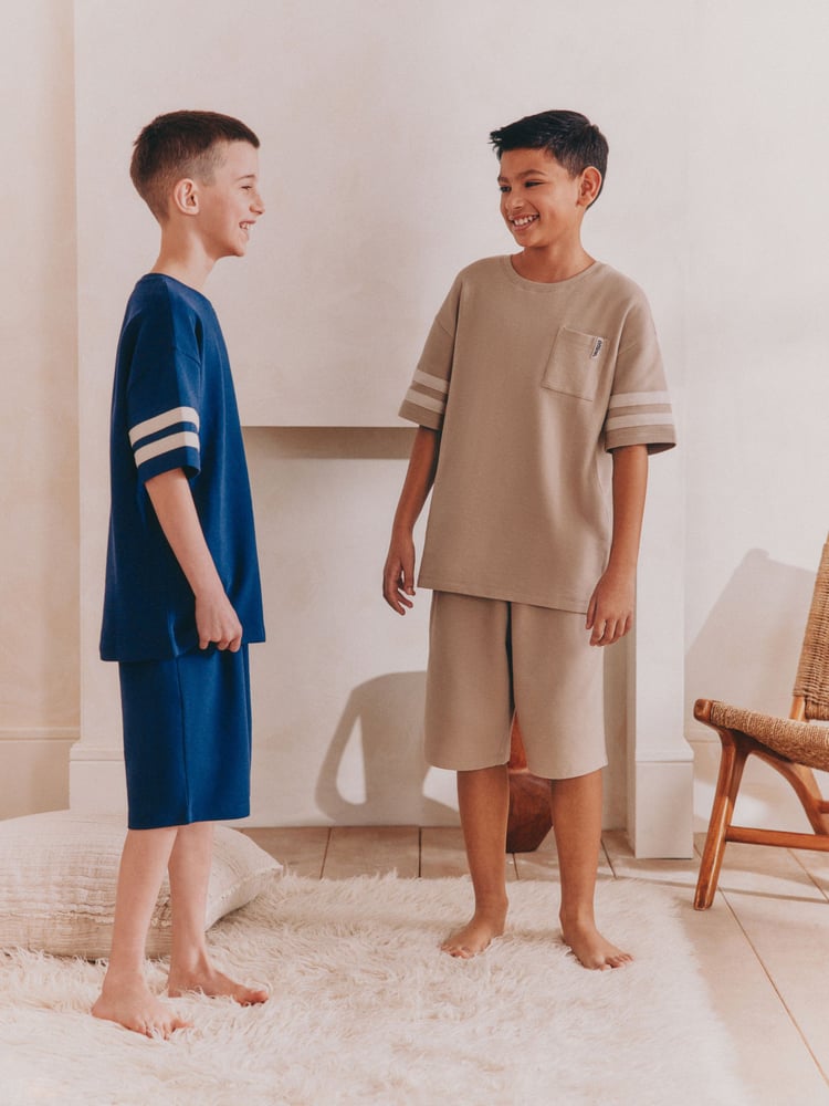 Stone/ Navy Blue 100% Cotton Short Pyjamas 2 Pack (3-16yrs) - Image 1 of 5