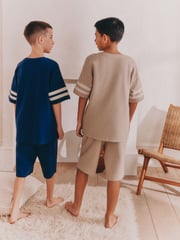 Stone/ Navy Blue 100% Cotton Short Pyjamas 2 Pack (3-16yrs) - Image 2 of 5