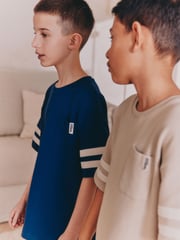 Stone/ Navy Blue 100% Cotton Short Pyjamas 2 Pack (3-16yrs) - Image 3 of 5