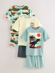 Turq/Cream Dino Surf 100% Cotton Short Pyjamas 3 Pack (3-14yrs) - Image 1 of 7