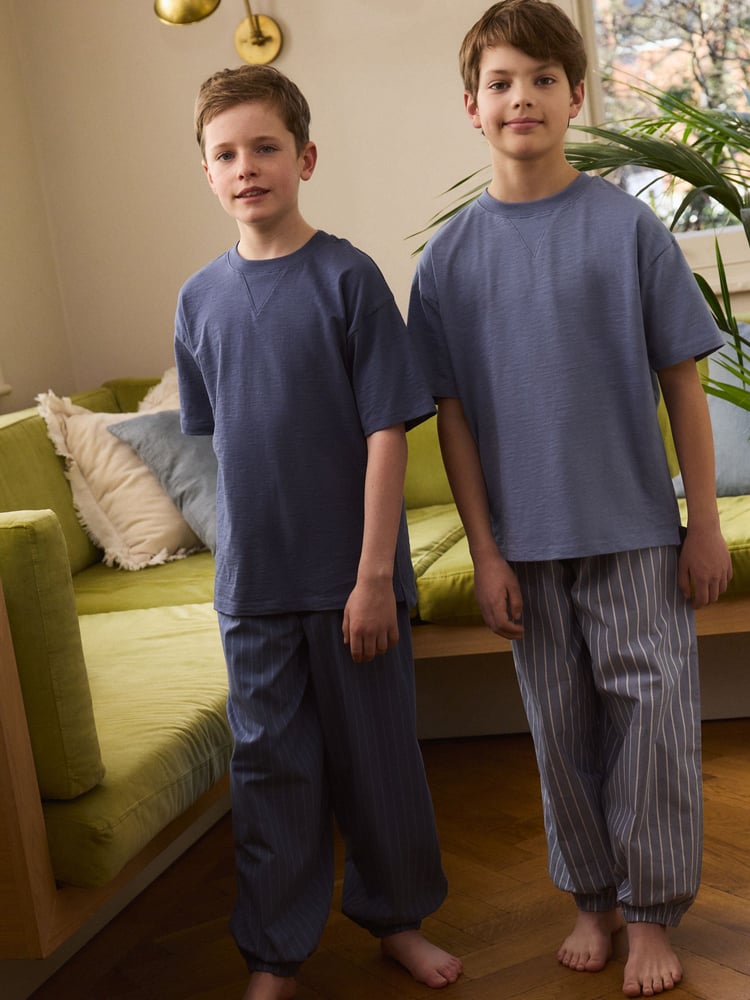 Blue/Grey 100% Cotton Short Sleeve Long Bottoms 2 Pack (3-16yrs) - Image 1 of 12