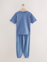 Blue/Grey 100% Cotton Short Sleeve Long Bottoms 2 Pack (3-16yrs) - Image 9 of 12
