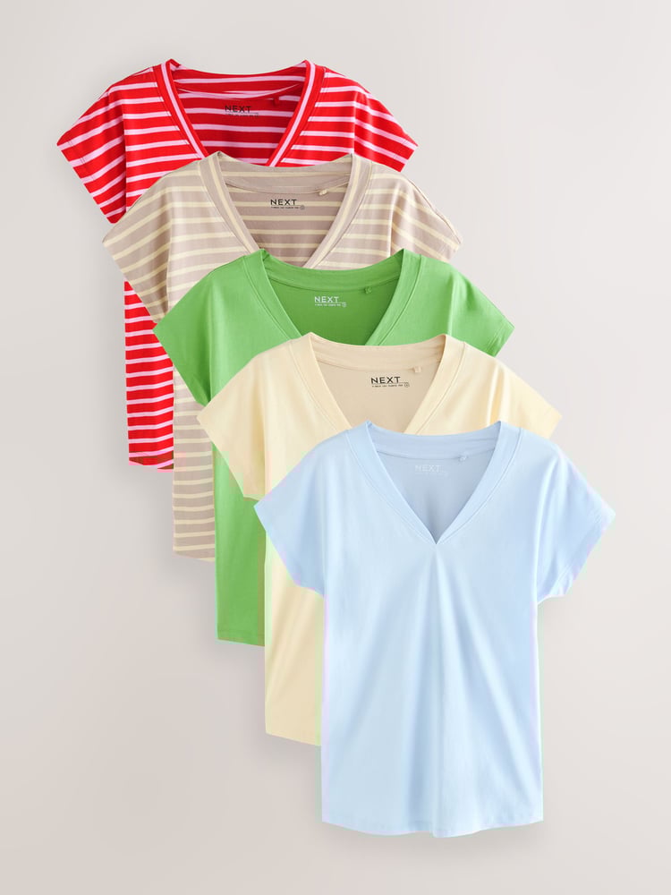 Bontanist Colours V-Neck Cap Sleeve 100% Cotton T-Shirts 5 Pack - Image 1 of 8