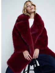 River Island Red Dark Plush Faux Fur Coat - Image 3 of 5
