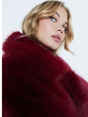 River Island Red Dark Plush Faux Fur Coat - Image 4 of 5