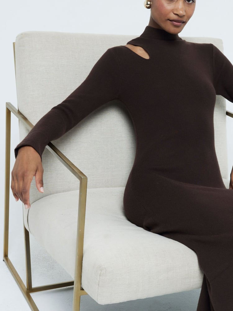 River Island Brown Cut-Out High Neck Knitted Midi Dress - Image 1 of 4 River Island Brown Cut-Out High Neck Knitted Midi Dress - Image 1 of 4