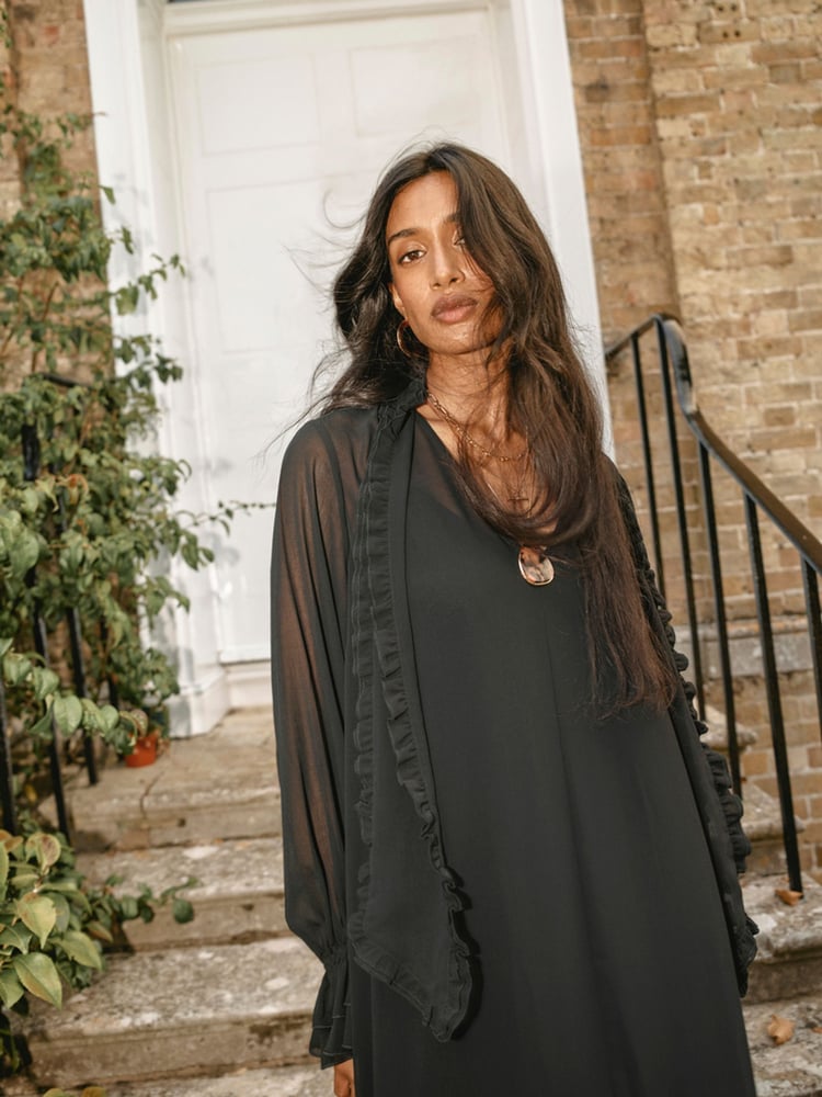 Monsoon Black Aurelia Long Sleeve Ruffle Midi Dress - Image 2 of 8